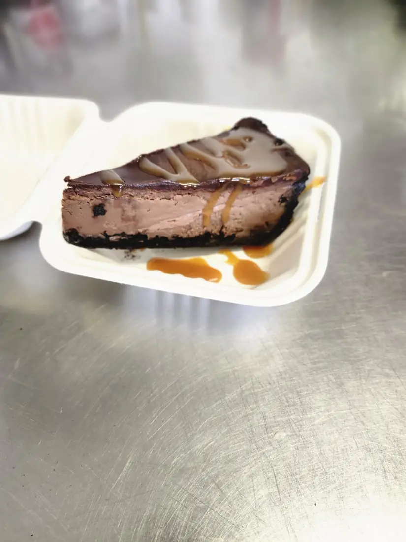 Homemade Chocolate Cheese Cake with caramel drizzle