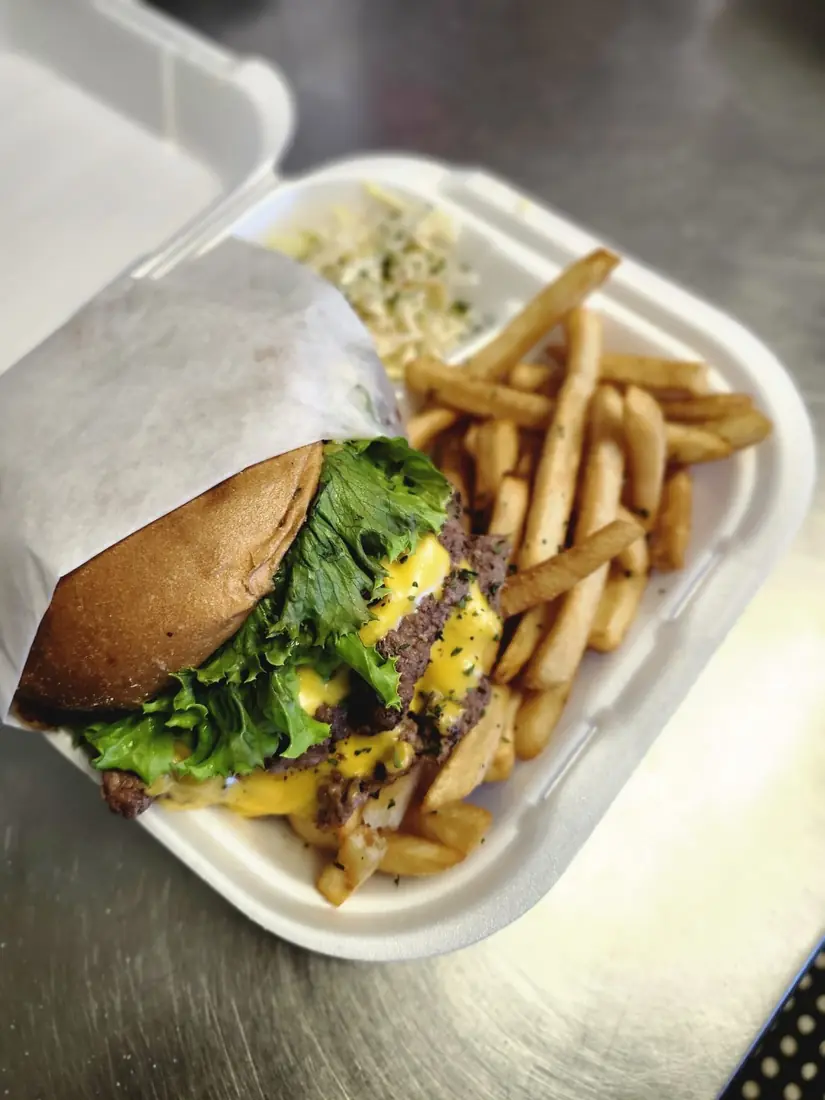 Epic Foods Double Smash Burger with fries and slaw
