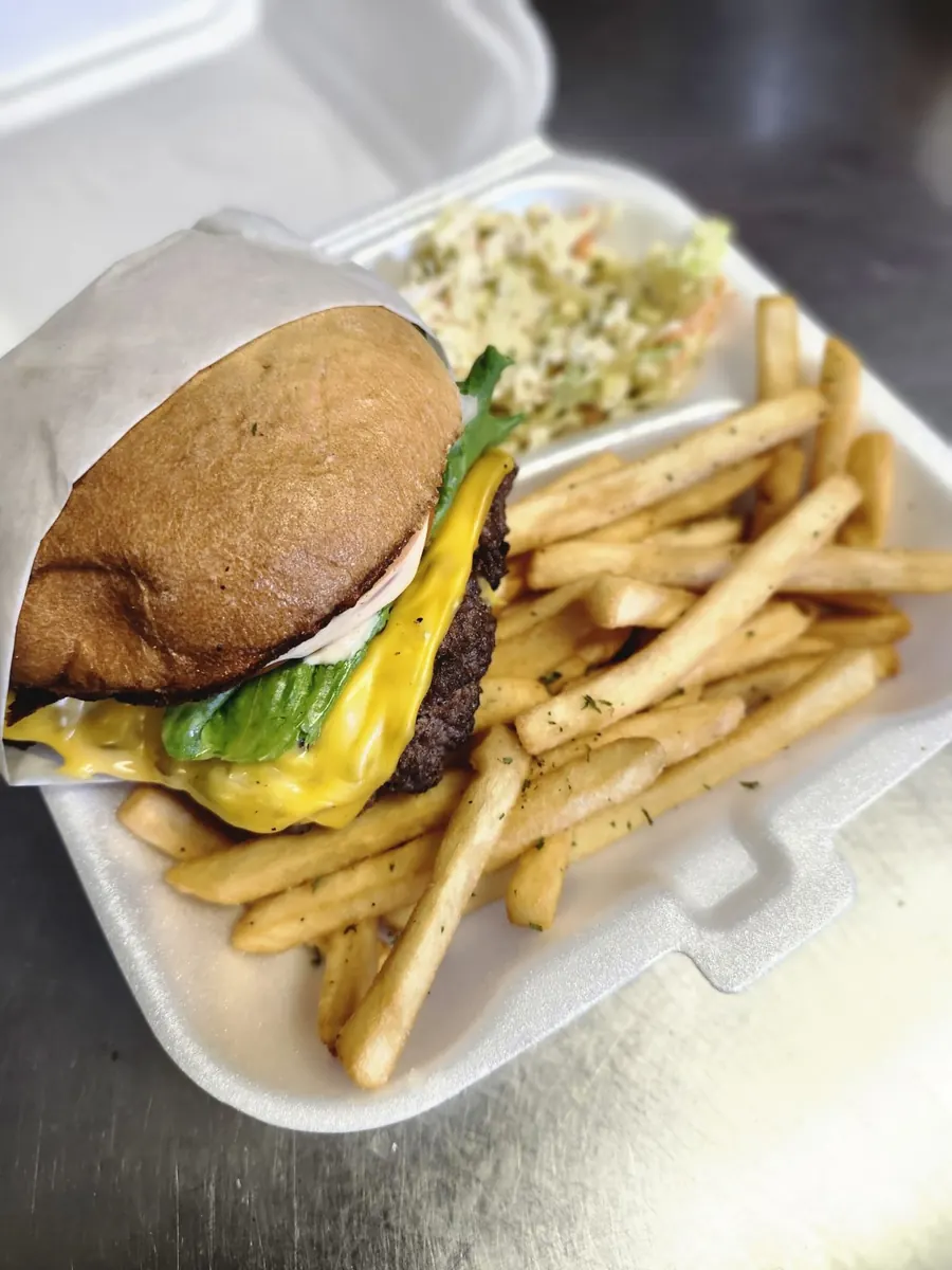 Epic Foods Smash Burger with fries and slaw